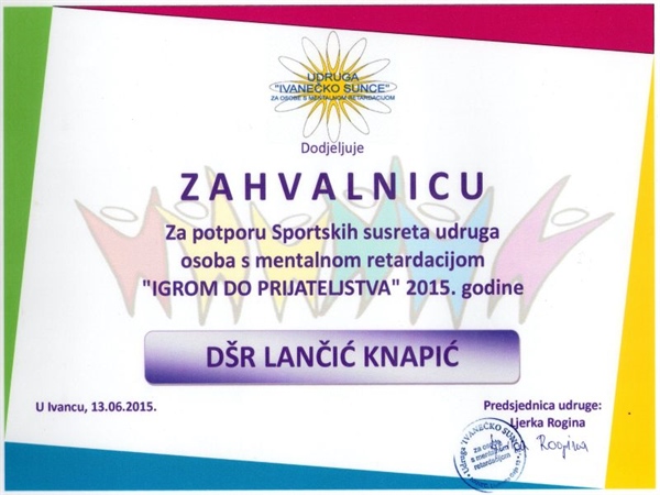 DŠR Lančić – Knapić primilo zahvalnicu udruge "Ivanečko sunce"